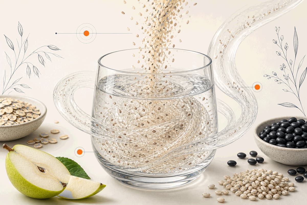 Pale psyllium husks and seeds swirling through clear water beside oats, pears and beans on a cream and navy background