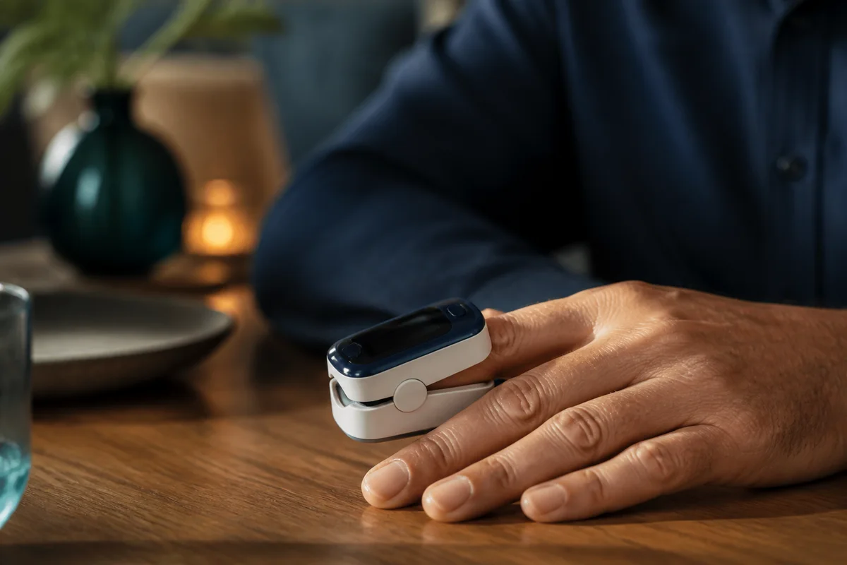 Unbranded fingertip pulse oximeter used on a warm relaxed hand