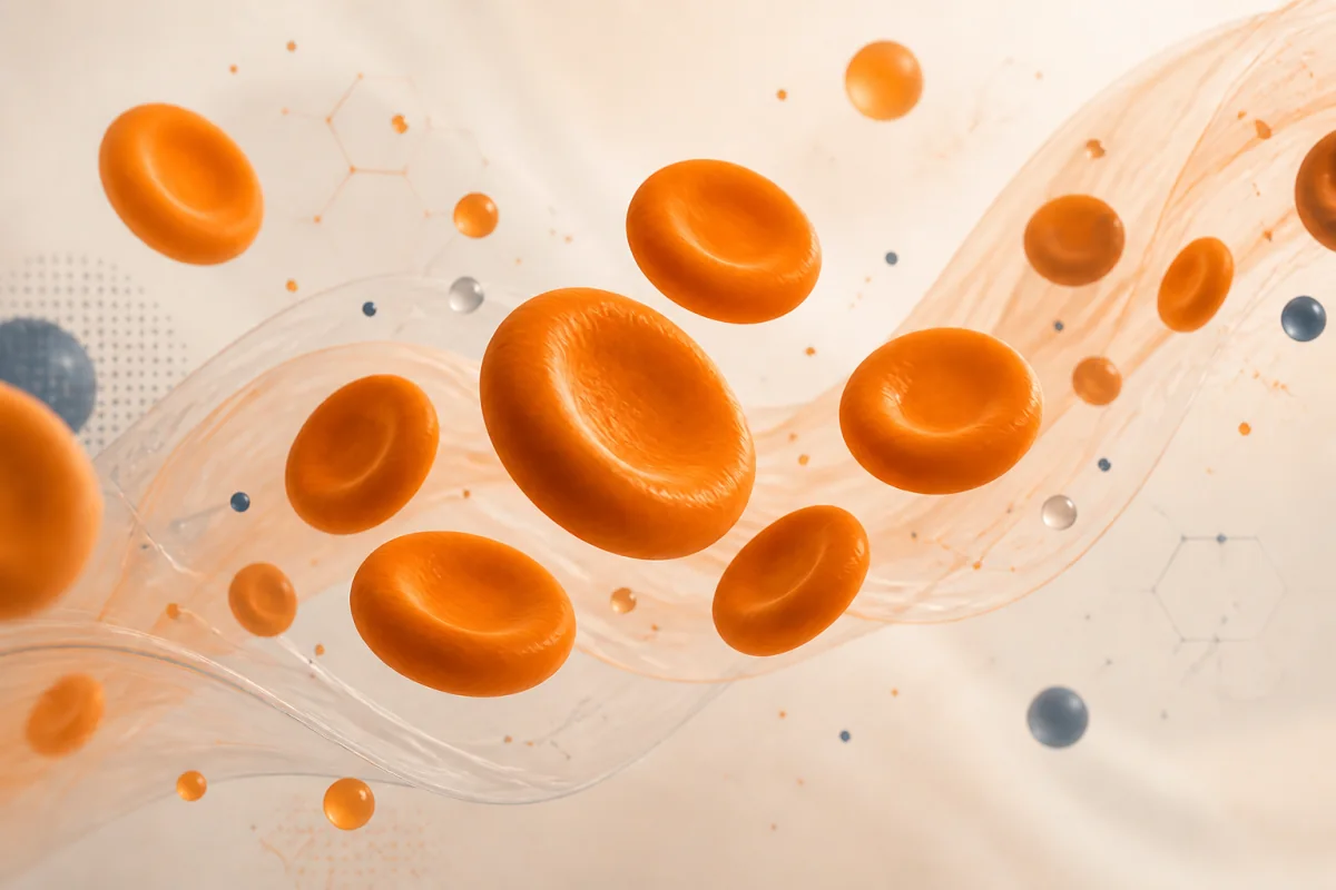 Abstract biconcave red blood cells flowing through a cream, deep-slate and orange scientific composition