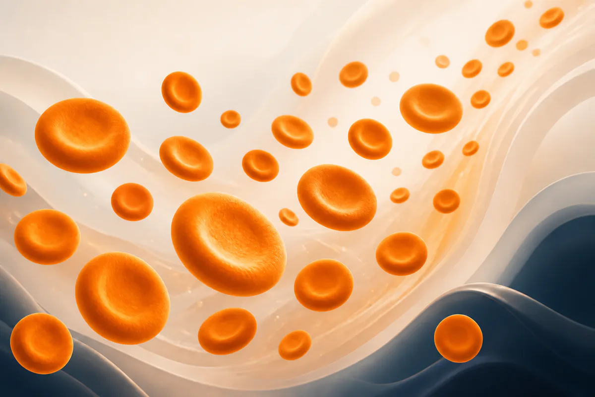 Red blood cells of varied diameters flowing through a cream, slate and orange scientific composition