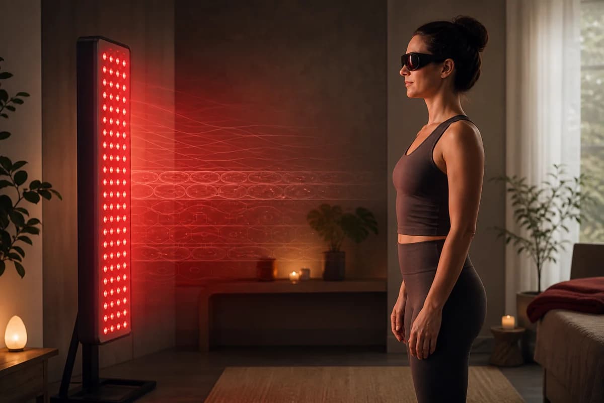 Adult wearing protective goggles at a safe distance from an unbranded red light therapy panel