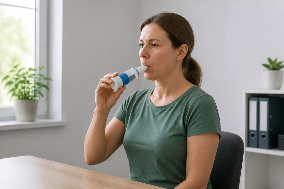 Adult seated upright using an unbranded handheld inspiratory muscle trainer