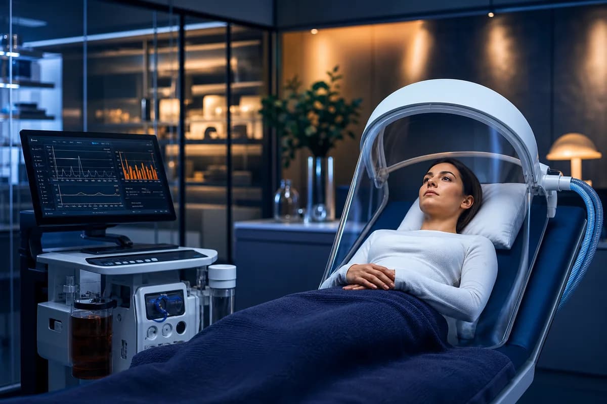Adult completing a resting metabolic rate test under a metabolic canopy