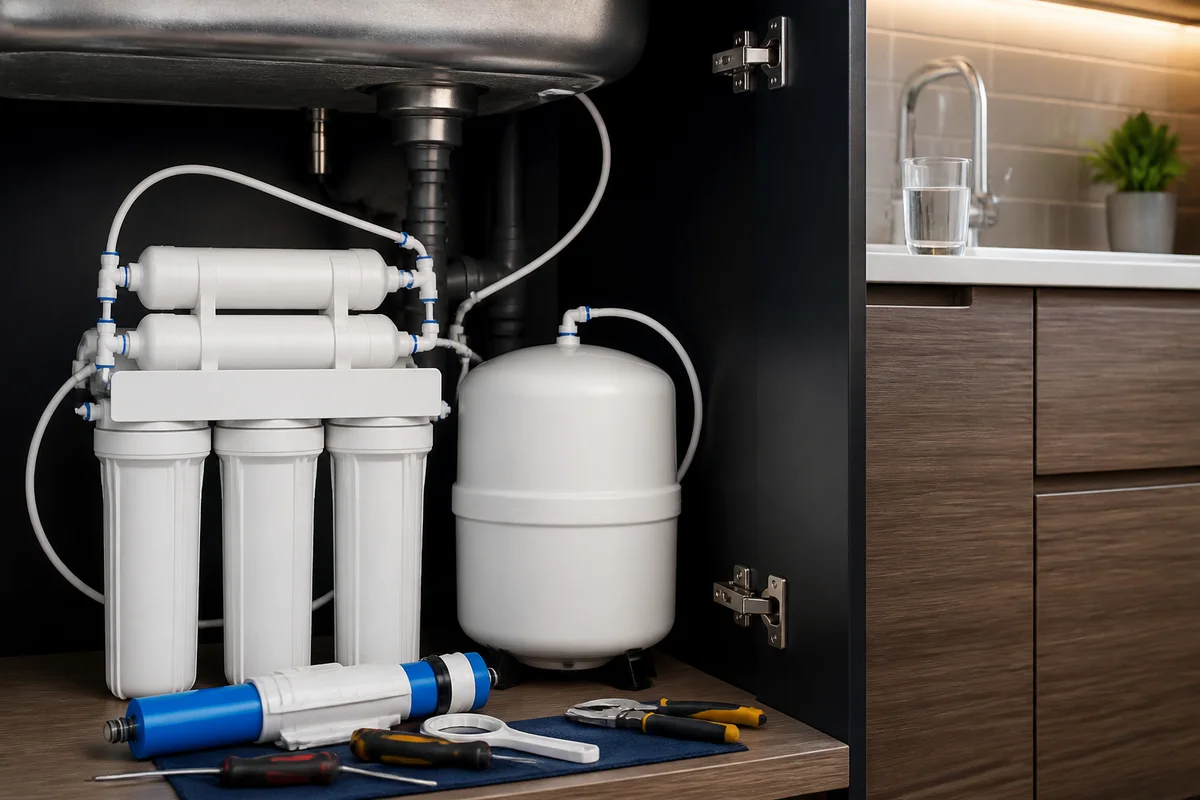 Editorial illustration explaining reverse osmosis water use, evidence and safety