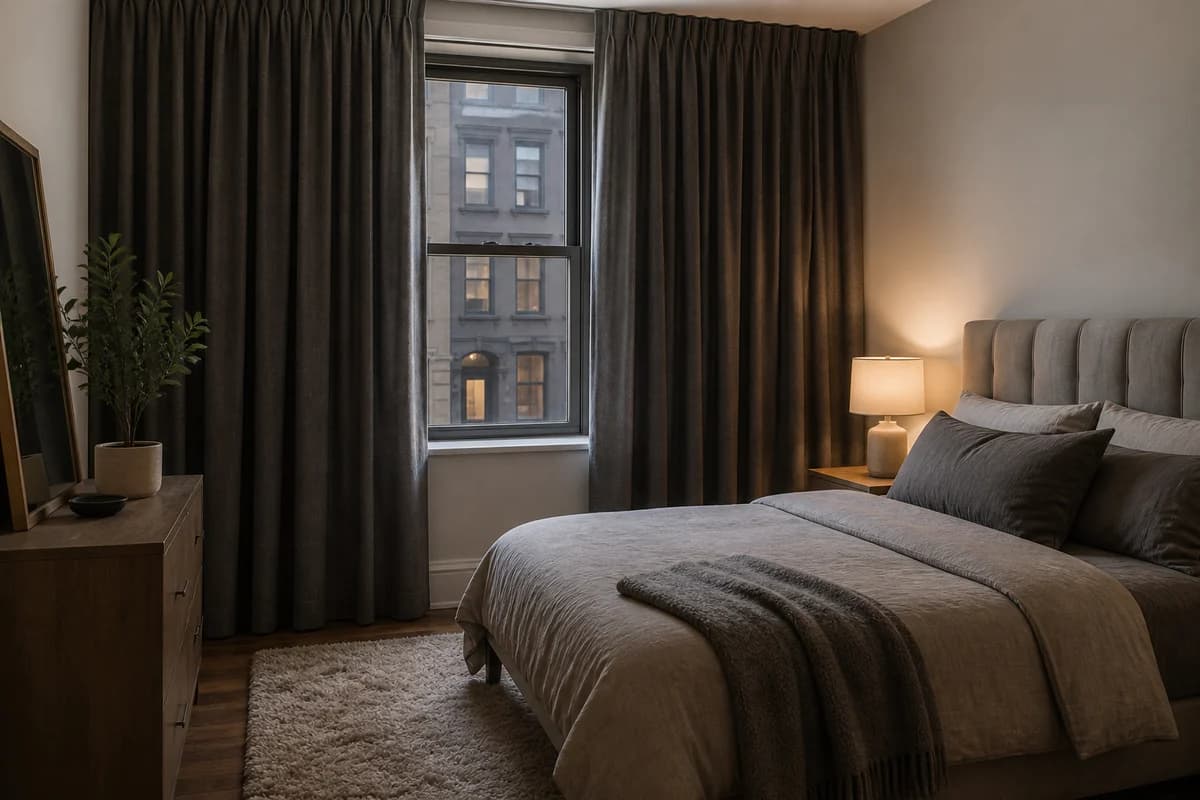 Quiet bedroom with sealed window edges heavy curtains and a bed away from the street wall