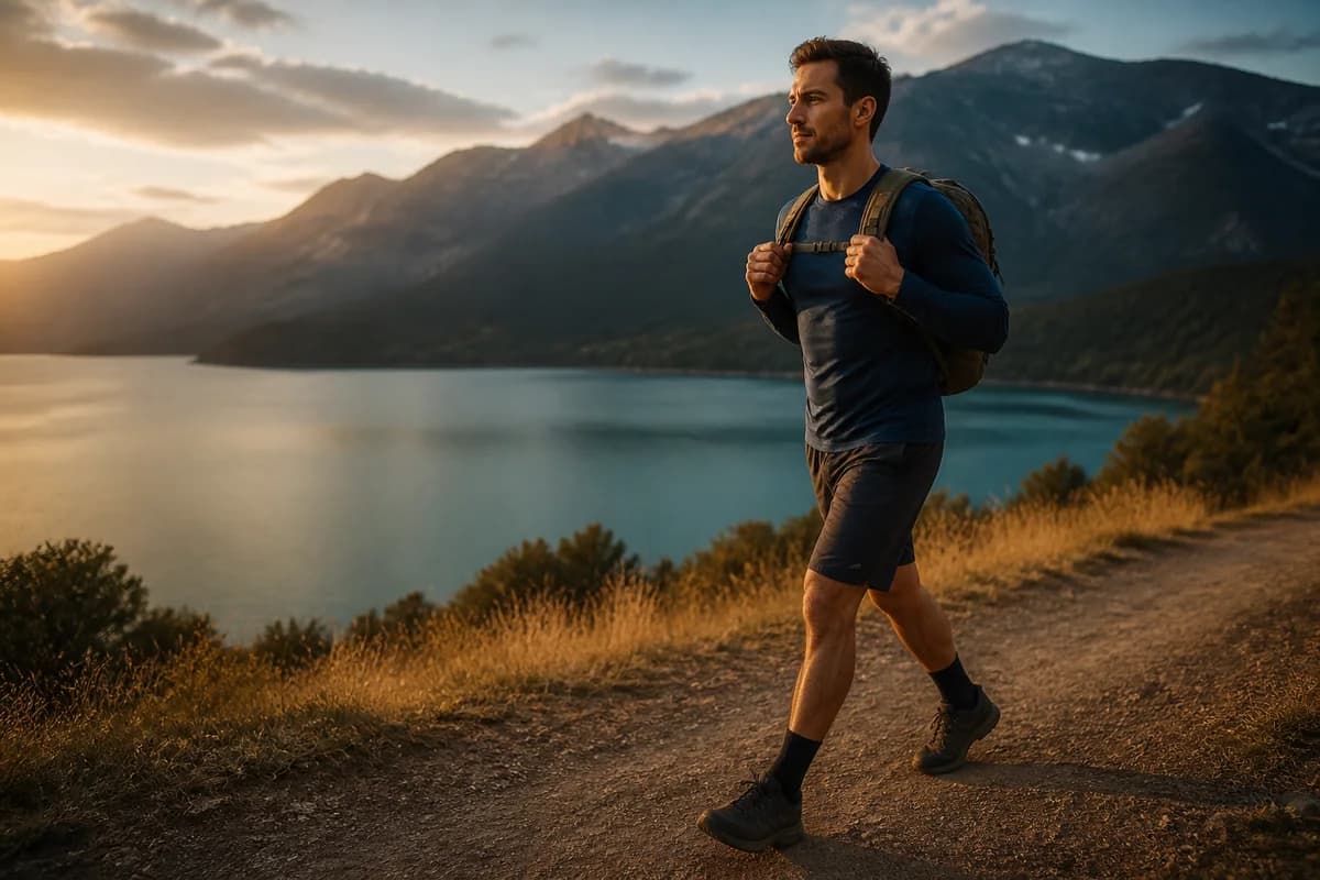 Adult walking on a level trail with a compact well-fitted weighted rucksack
