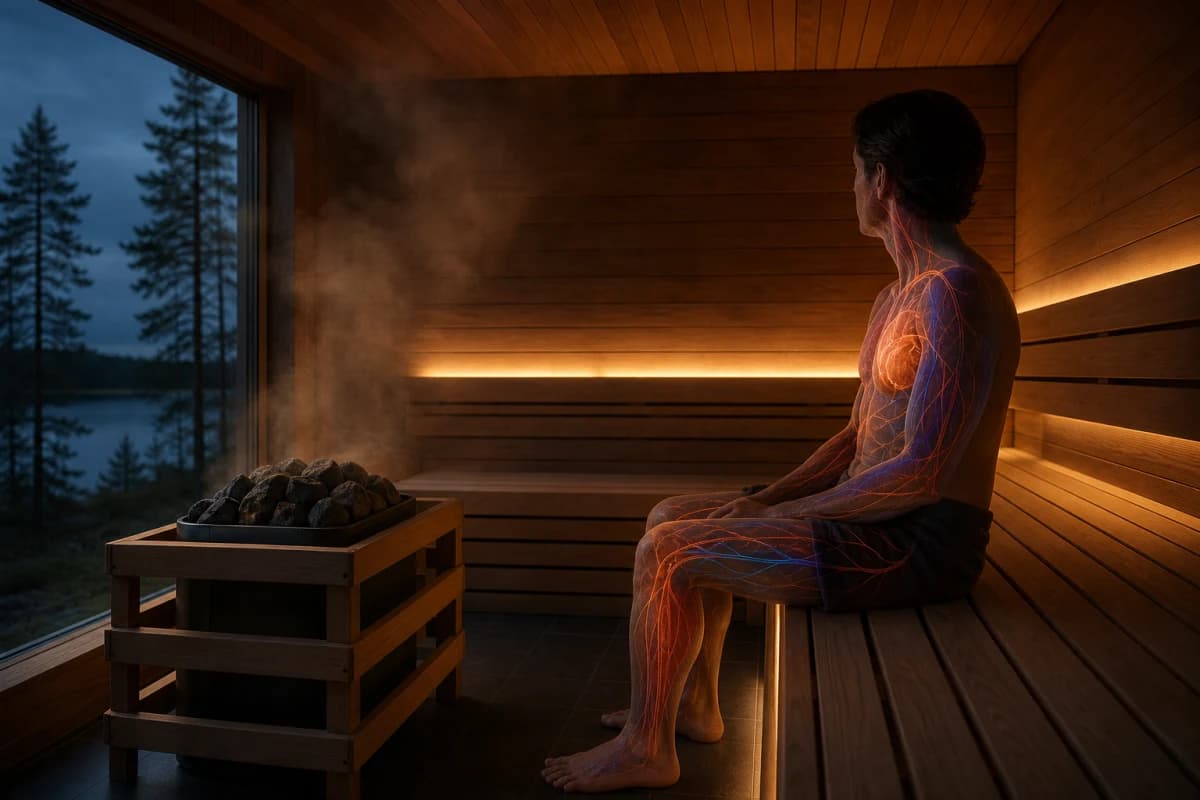 Adult sitting calmly in a Nordic sauna with a subtle circulation illustration