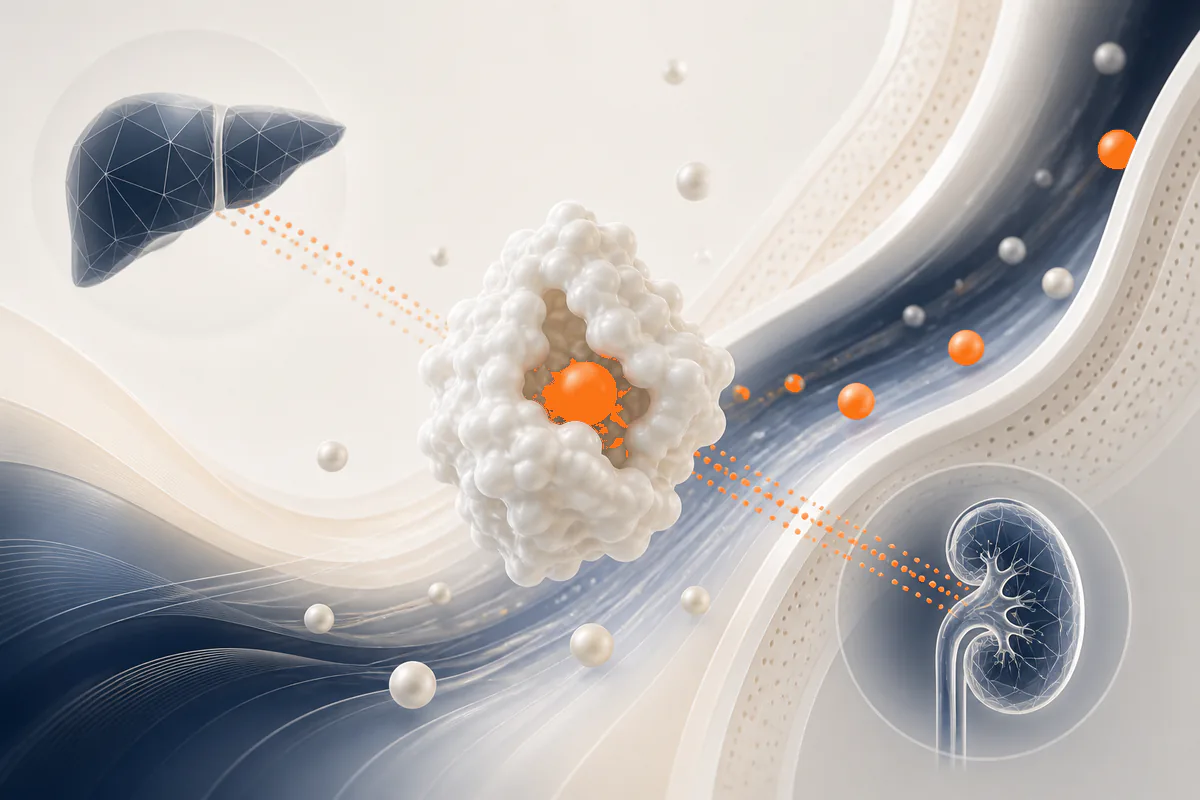 Abstract albumin carrier forms balancing fluid pathways in a cream, slate and orange scientific composition