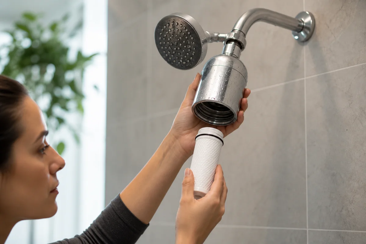 Editorial illustration explaining shower filter use, evidence and safety