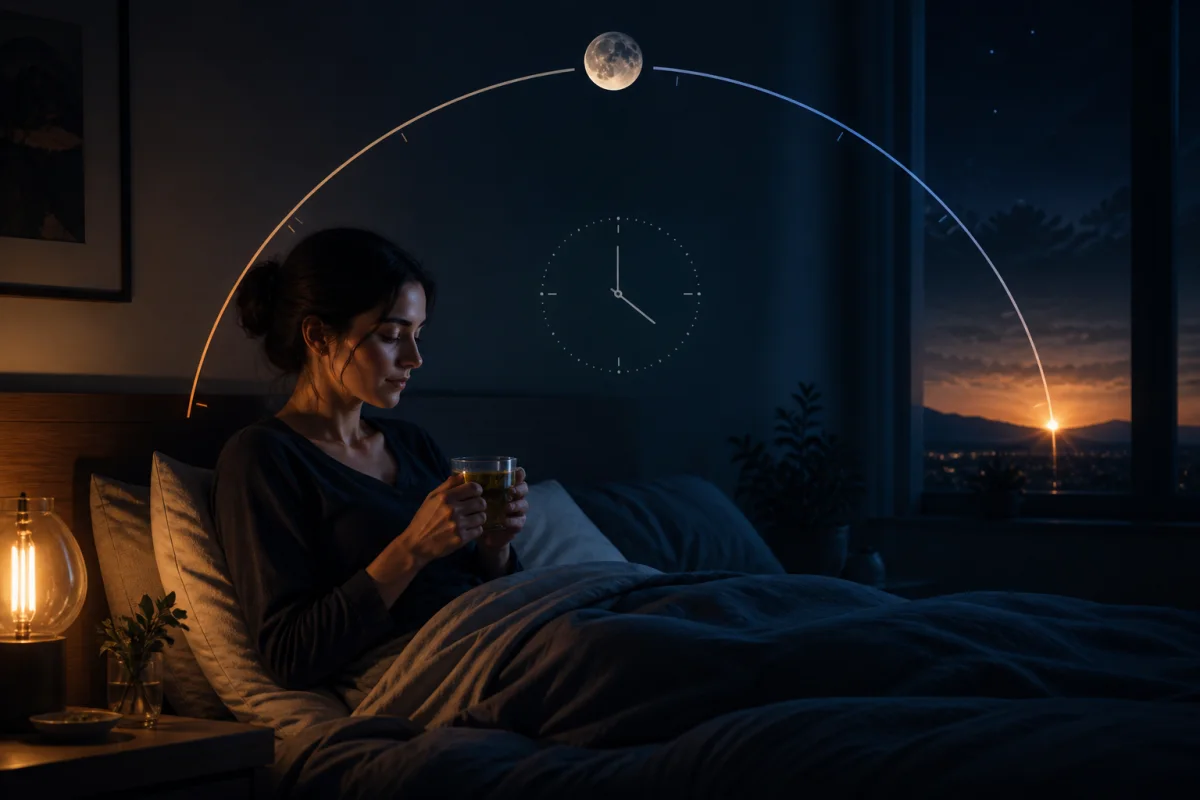 Adult preparing for sleep in a calm dark bedroom with a circadian light arc