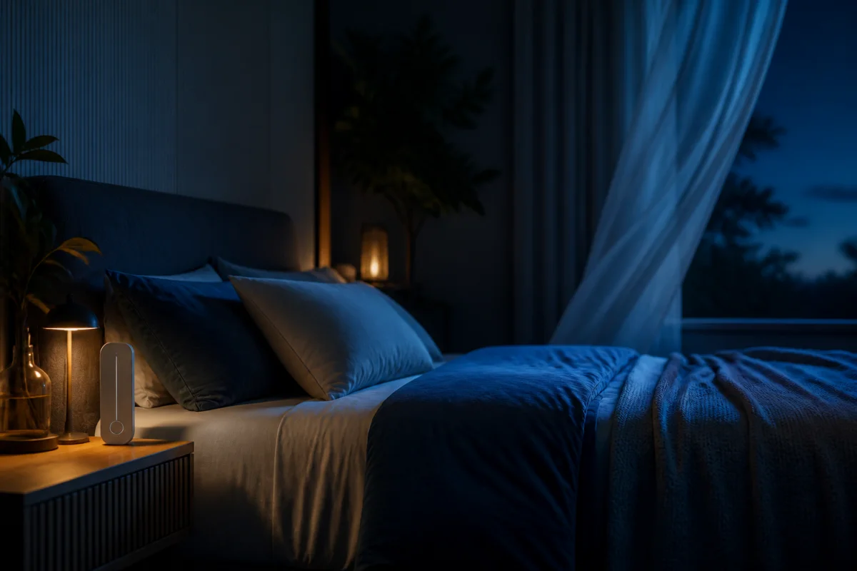 Serene cool dark bedroom with breathable bedding and subtle temperature controls