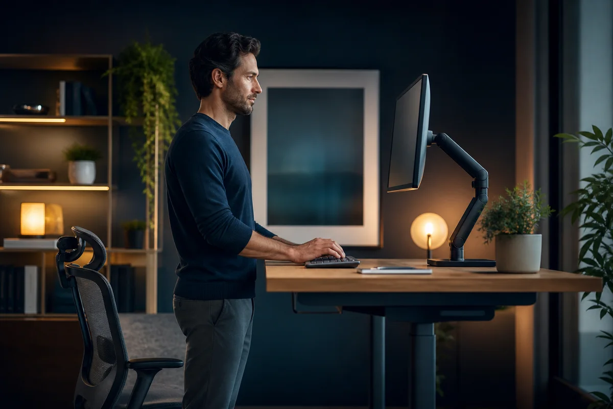 Height-adjustable standing desk arranged with neutral posture and space to move
