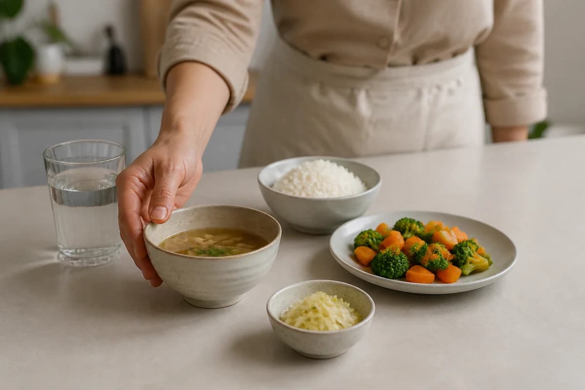 Small balanced first meal with soup protein and easy to digest carbohydrates