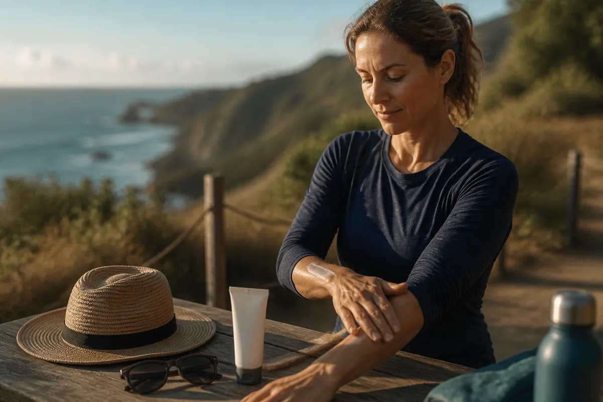 Adult applying broad-spectrum sunscreen outdoors beside a hat and UV-protective sunglasses