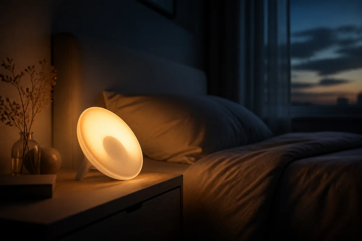 Sunrise alarm clock casting warm gradual light across a dark bedroom before dawn