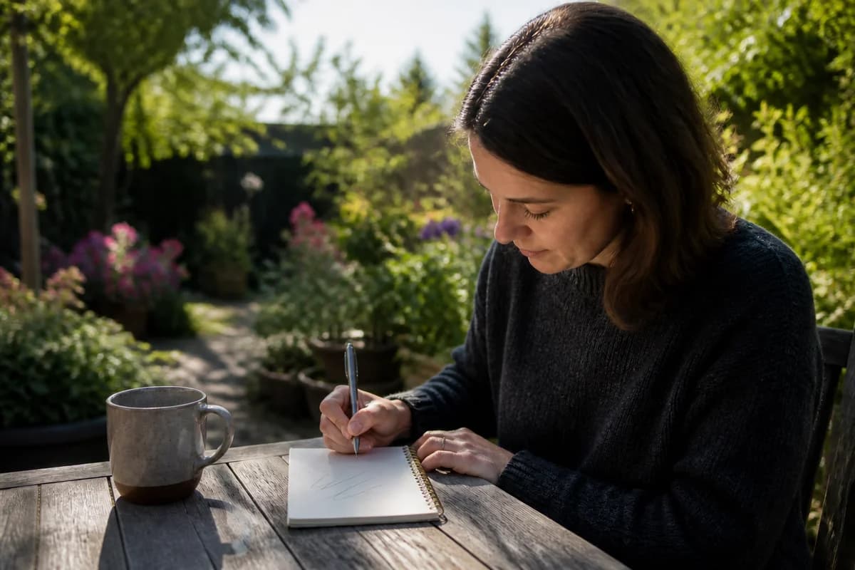Person outdoors in gentle morning daylight writing one gratitude note without looking at the sun