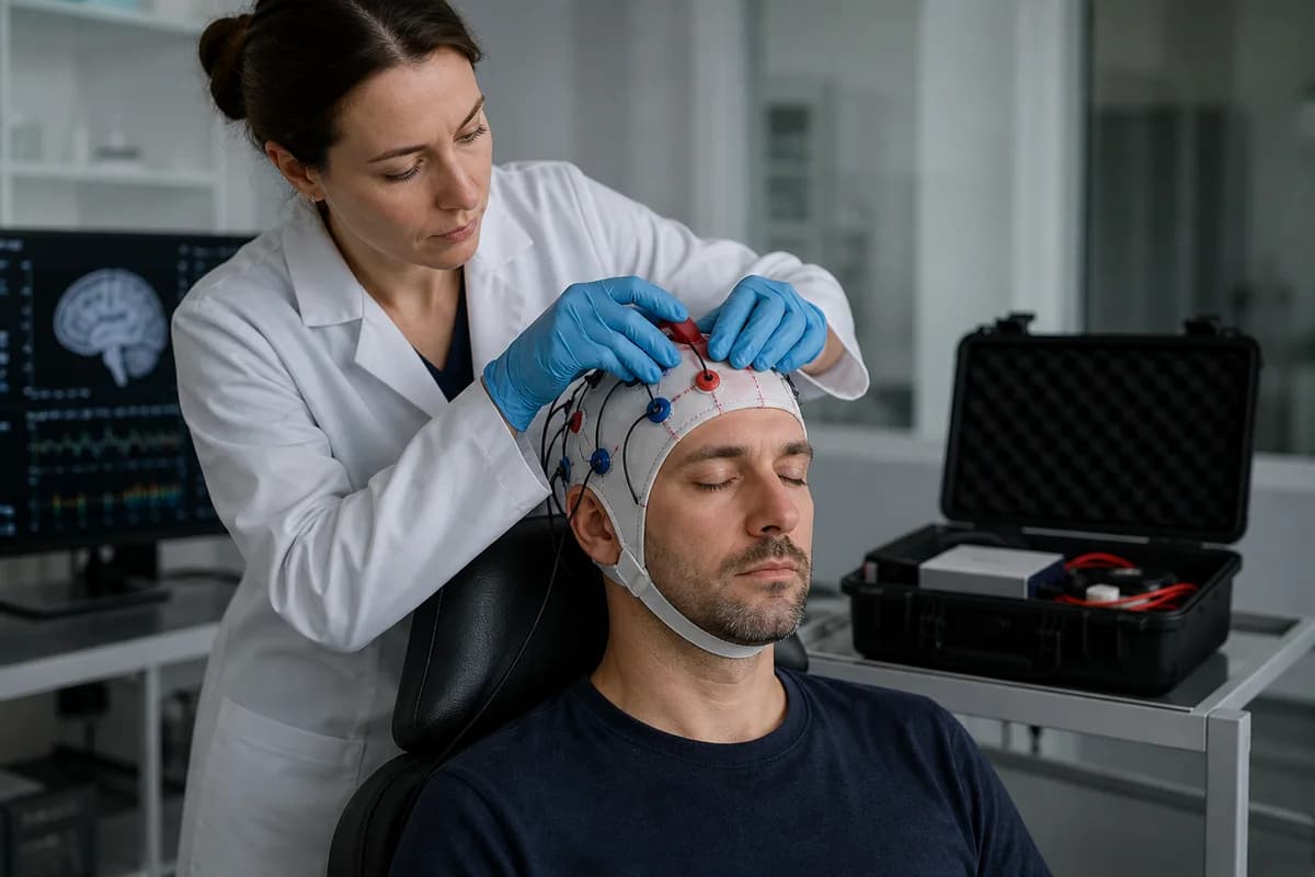 Editorial illustration explaining tdcs & tacs use, evidence and safety