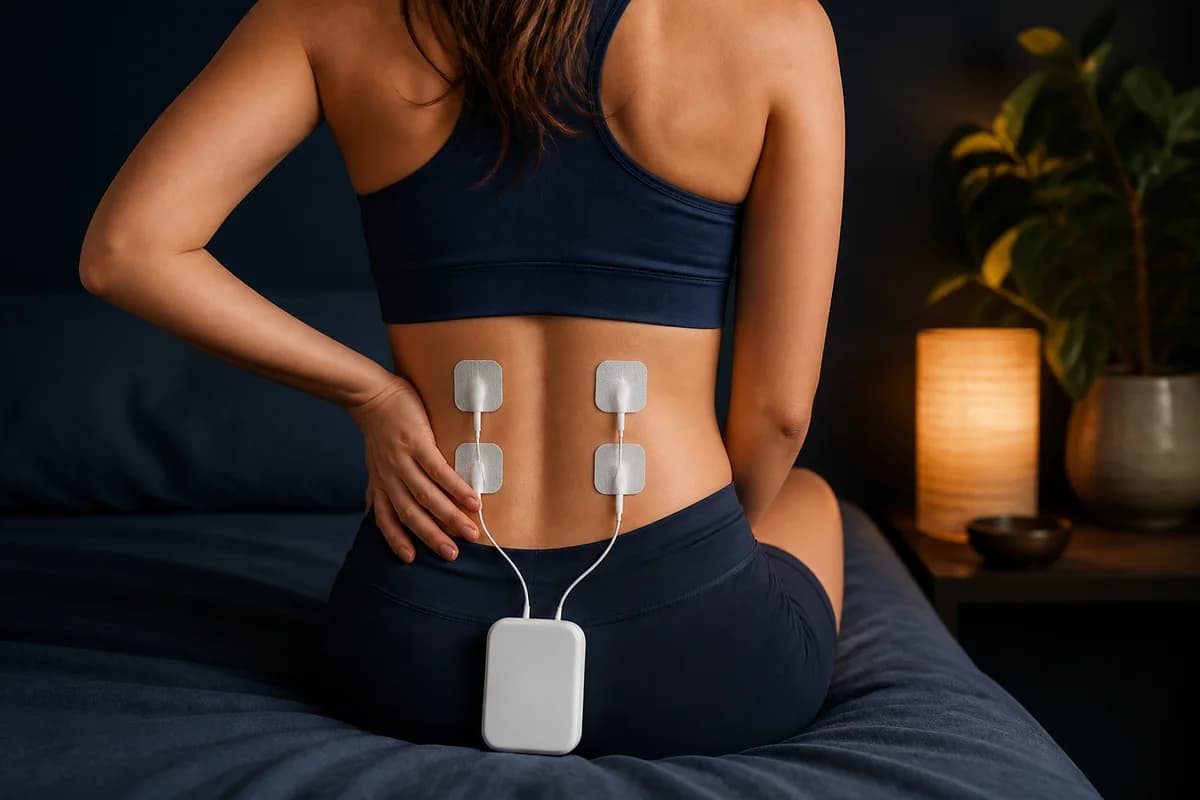 Compact TENS unit with electrode pads arranged beside it on a clean surface