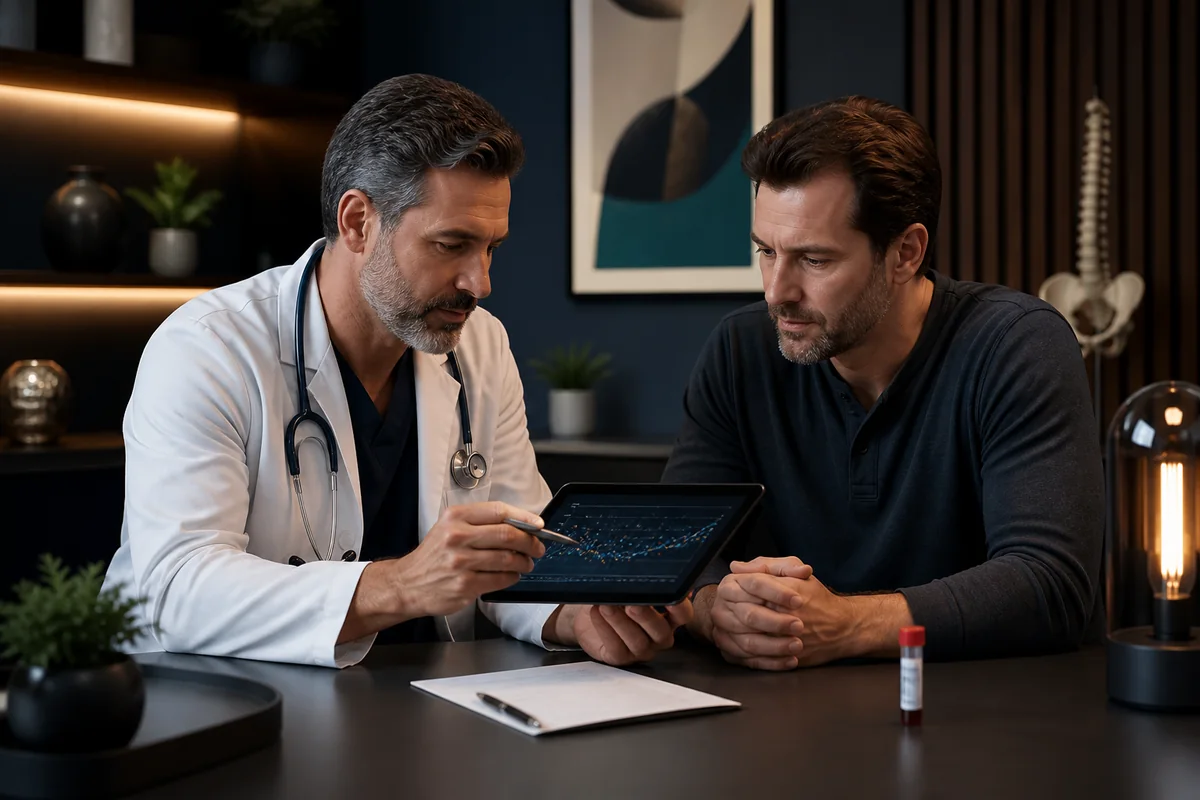 Clinician reviewing morning testosterone laboratory results with an adult patient
