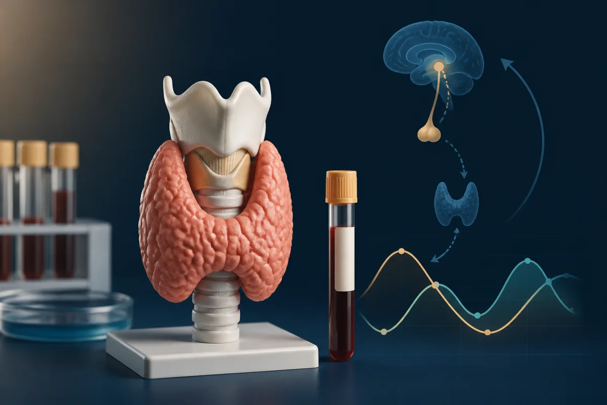 Clinician reviewing TSH and free T4 laboratory trends beside a thyroid anatomy model