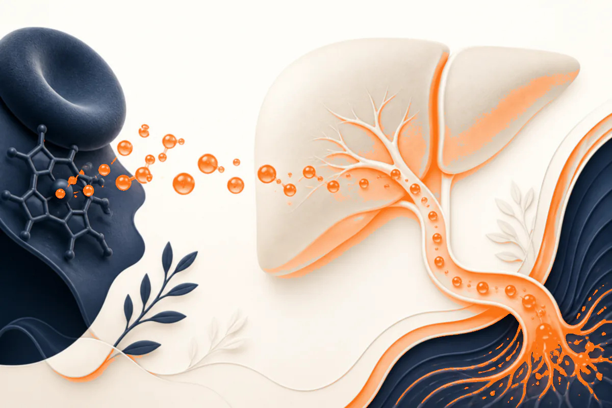 Abstract bilirubin droplets moving through a cream liver and bile pathway in deep slate and LongevityMate orange