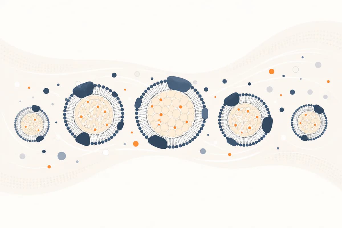 Abstract scientific illustration of varied lipoprotein particles in cream, deep slate and LongevityMate orange