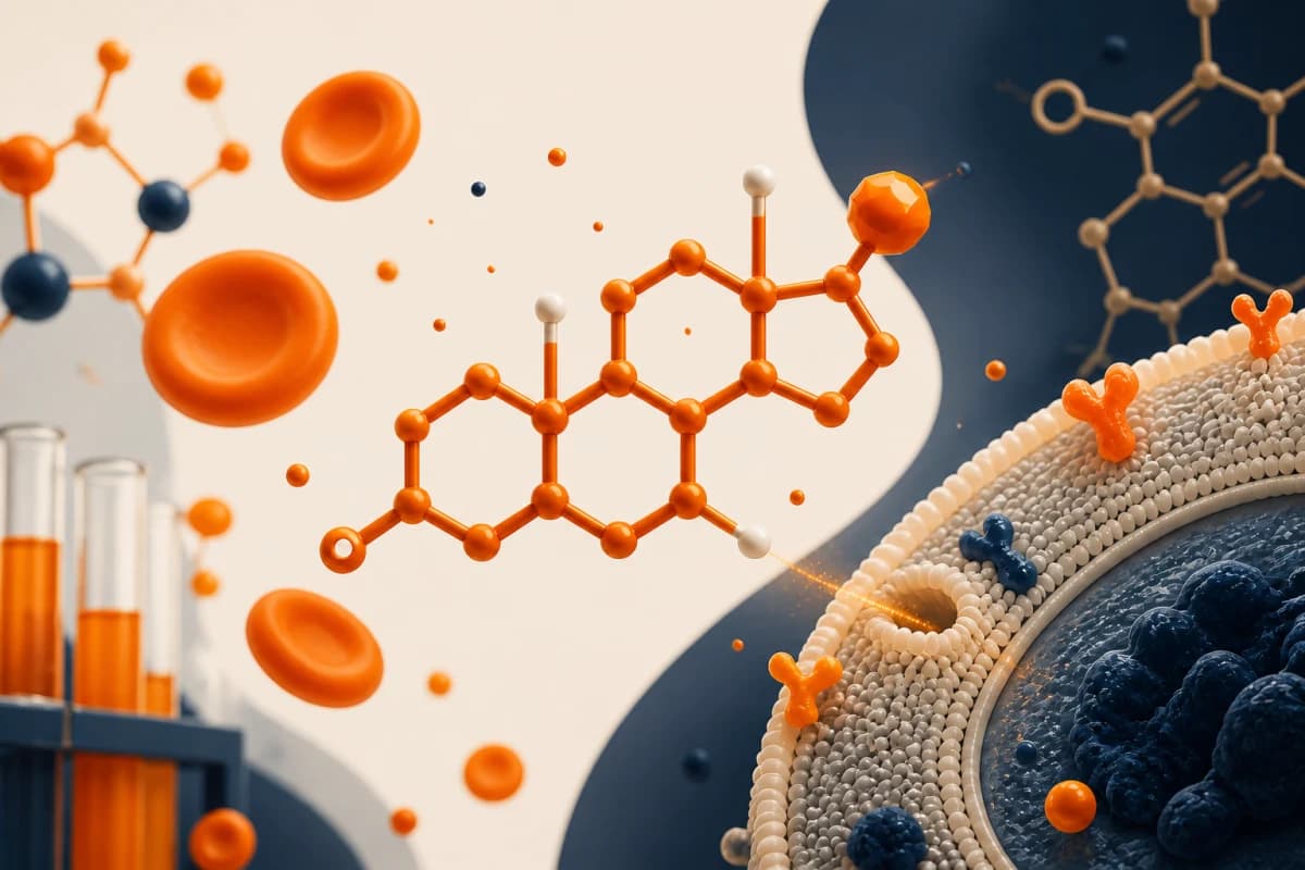 Abstract steroid-hormone molecule moving through a blood-test scene toward a cell membrane