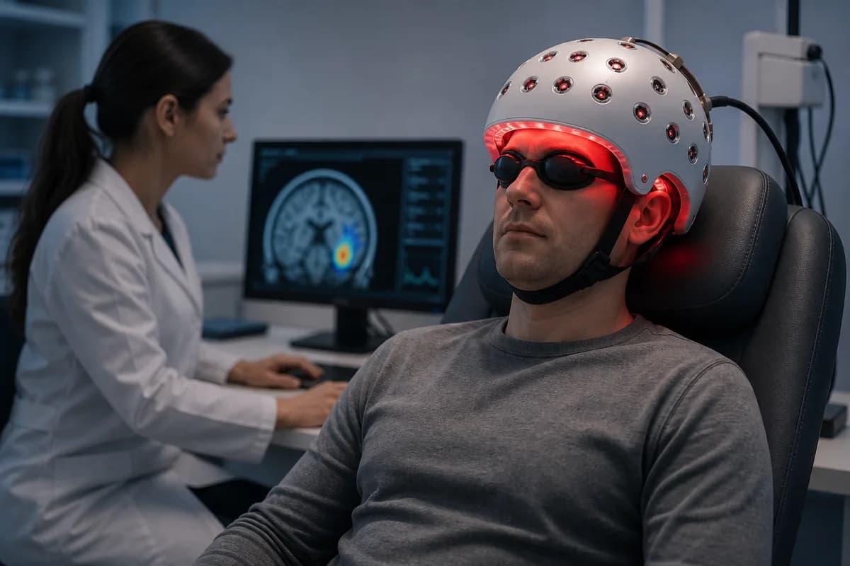 Editorial illustration explaining transcranial photobiomodulation use, evidence and safety