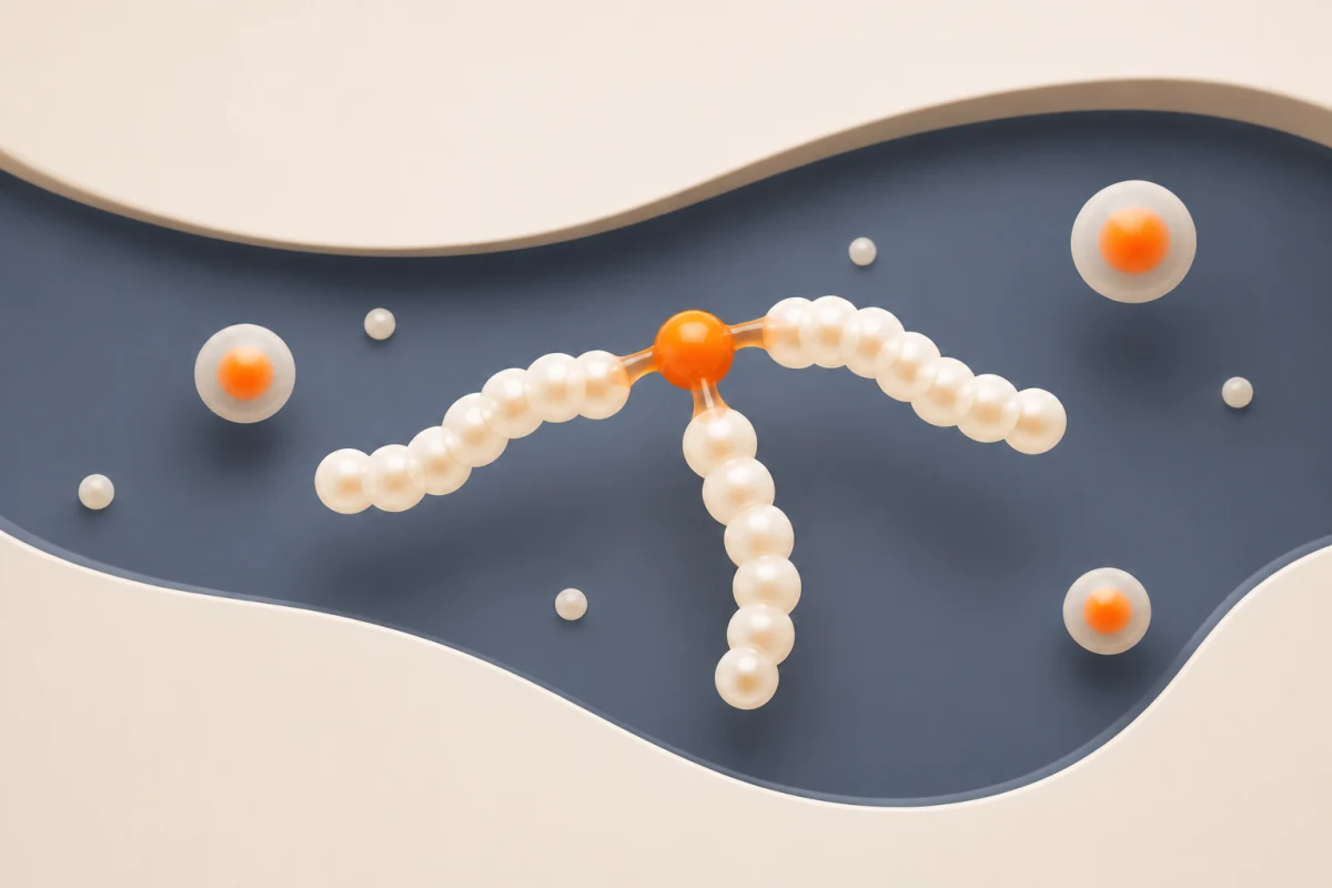 Calm scientific illustration of a three-chain triglyceride motif moving through a deep-slate flow channel