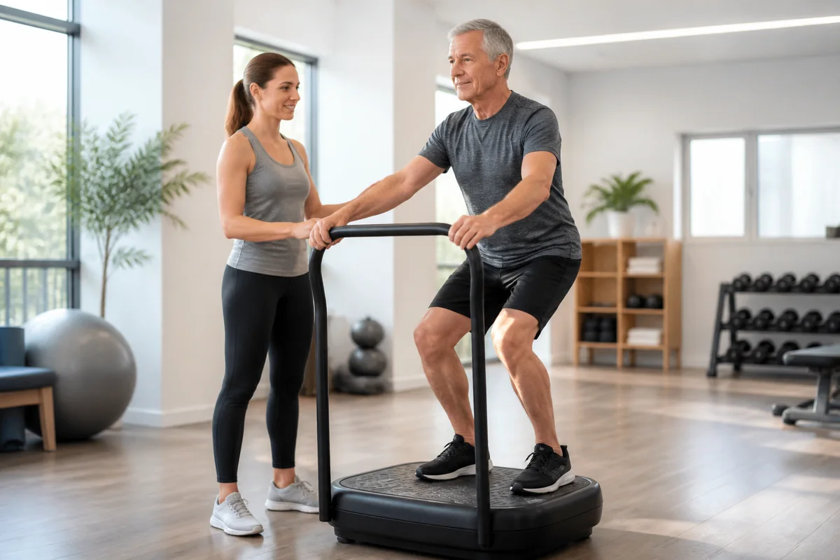 Editorial illustration explaining vibration plate use, evidence and safety