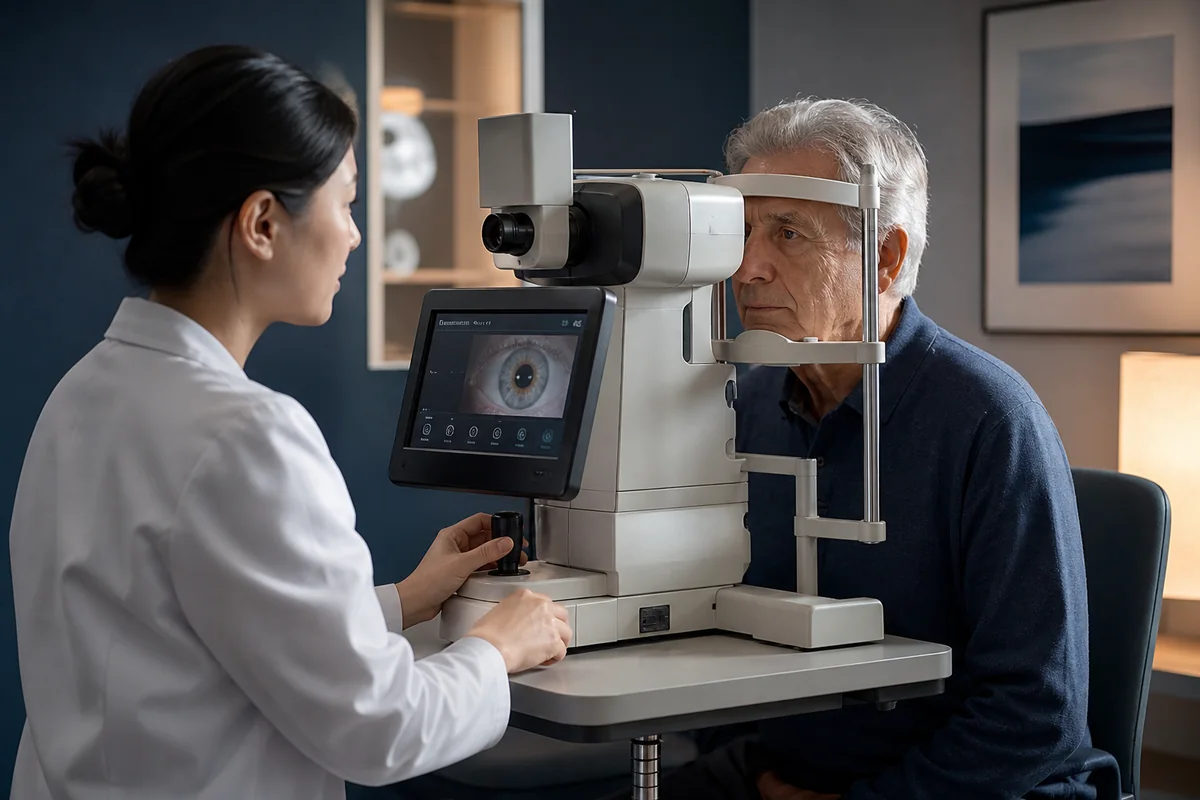 Older adult completing a visual acuity examination with an eye-care professional