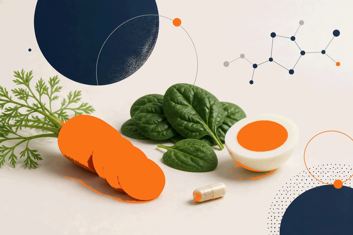 Carrots, spinach, egg and a simple vitamin A capsule in a cream and deep navy still life with bright LongevityMate orange accents