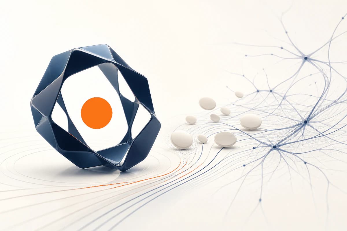 Abstract cobalamin ring linking blood-cell and nerve-fibre motifs in cream, slate and orange