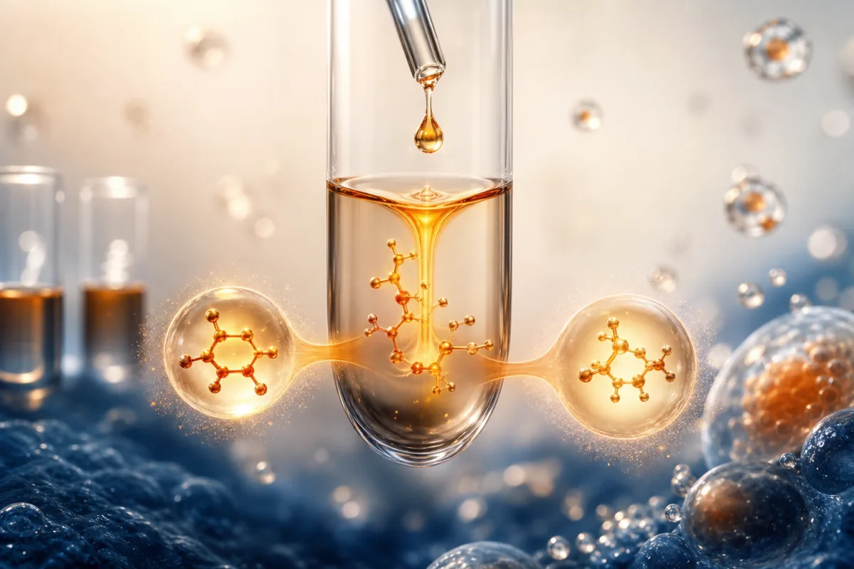 Translucent vitamin D laboratory sample with two abstract glowing scientific motifs