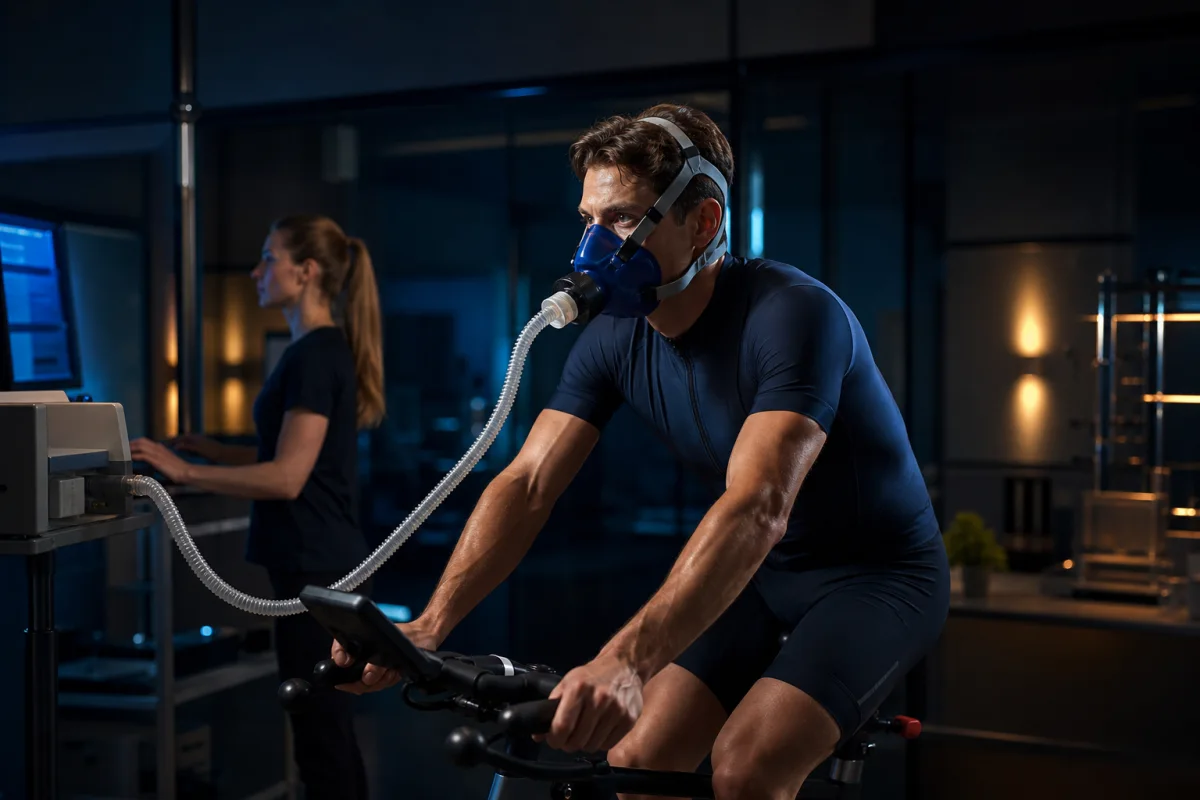 Athlete wearing a metabolic mask during a supervised cycling VO2 max test