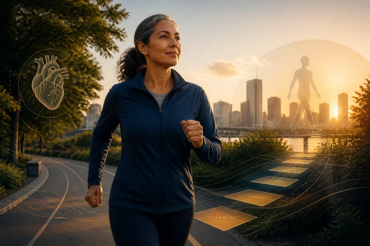 Adult walking briskly outdoors at sunrise with step and heart motifs