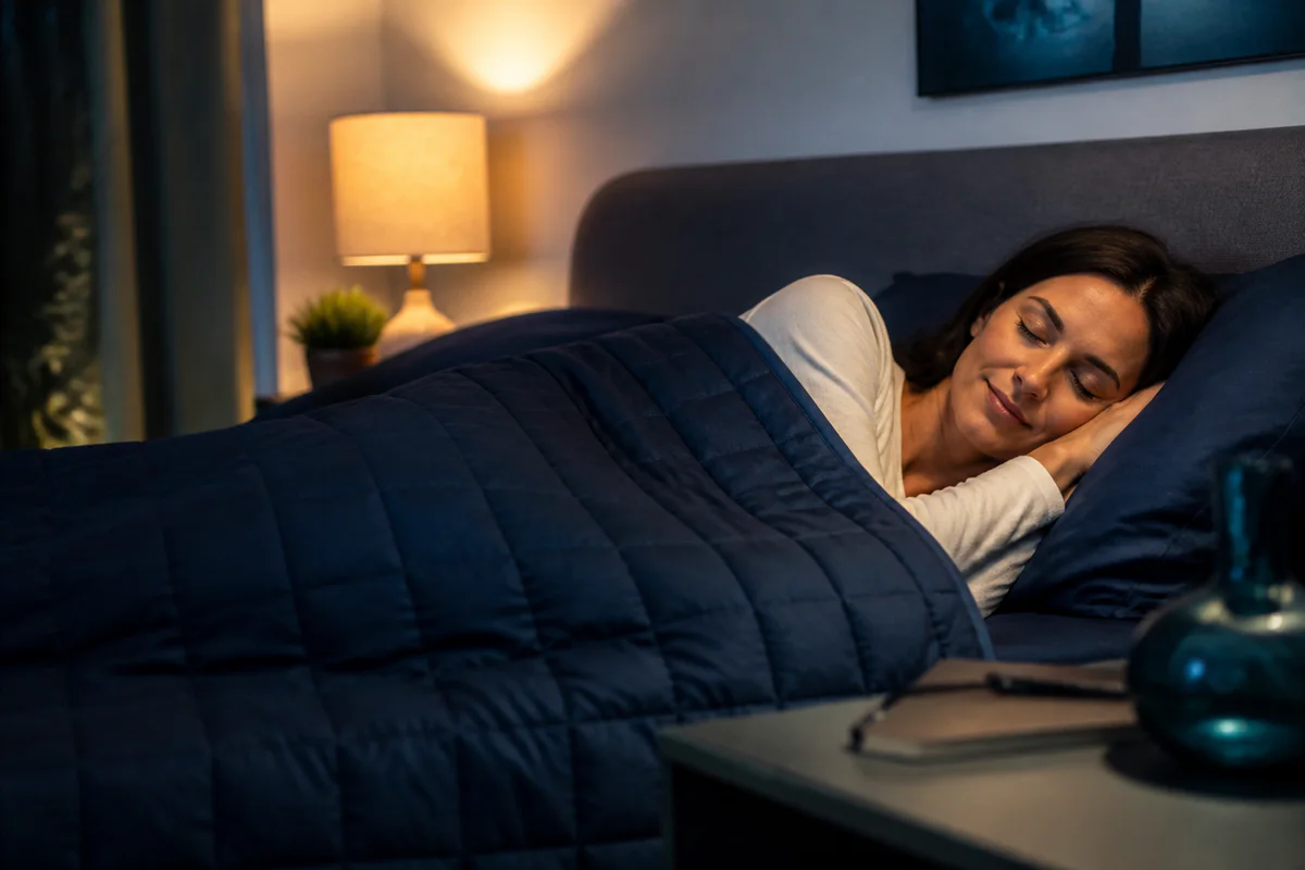 Breathable weighted blanket folded on a calm bed beside a sleep diary