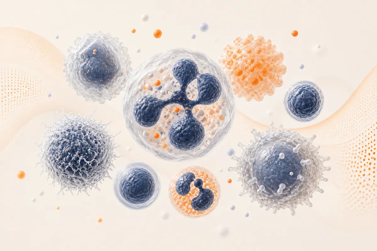 Abstract white blood cell forms in a calm cream, deep-slate and orange scientific composition