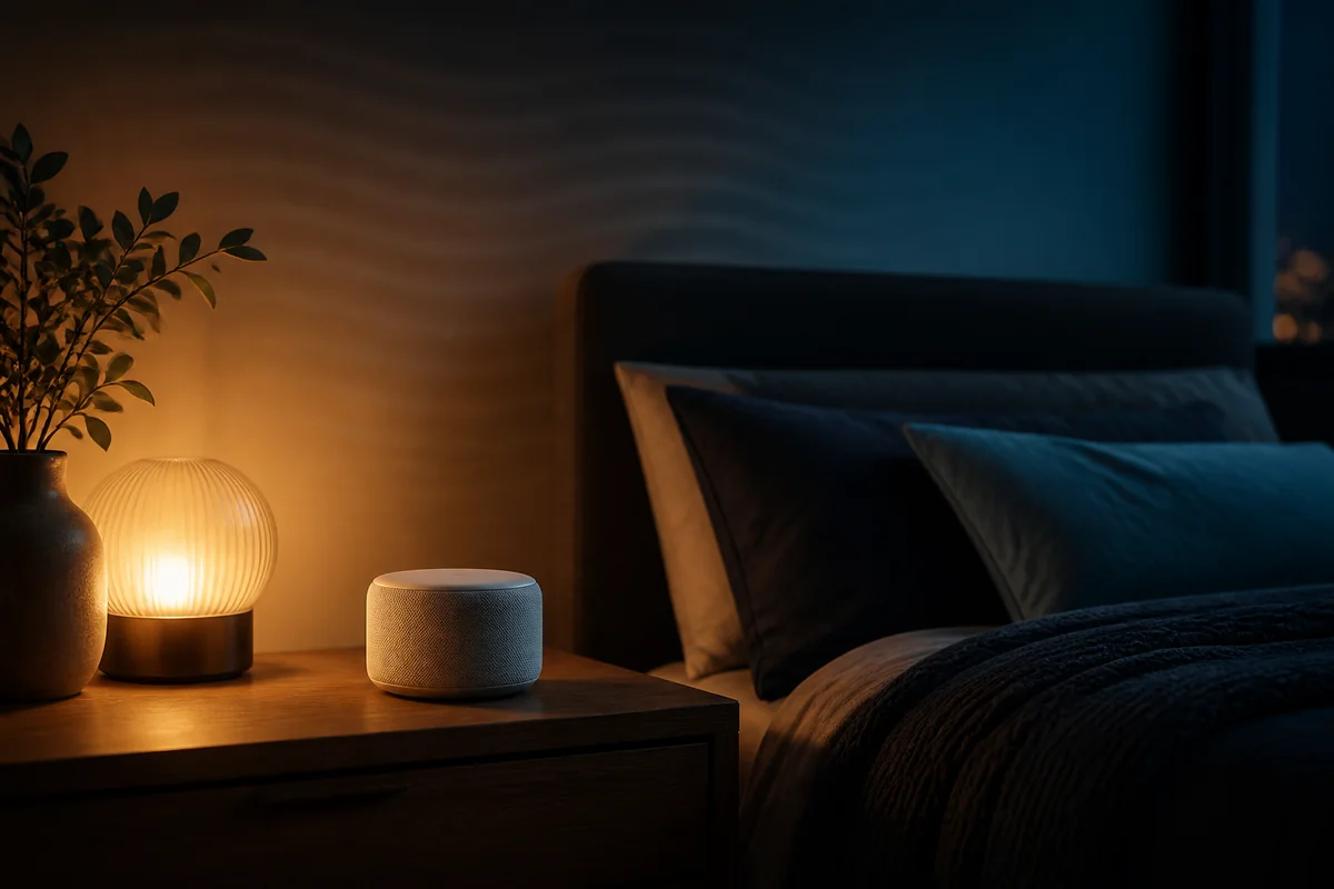 Compact white-noise machine on a bedside table in a calm bedroom