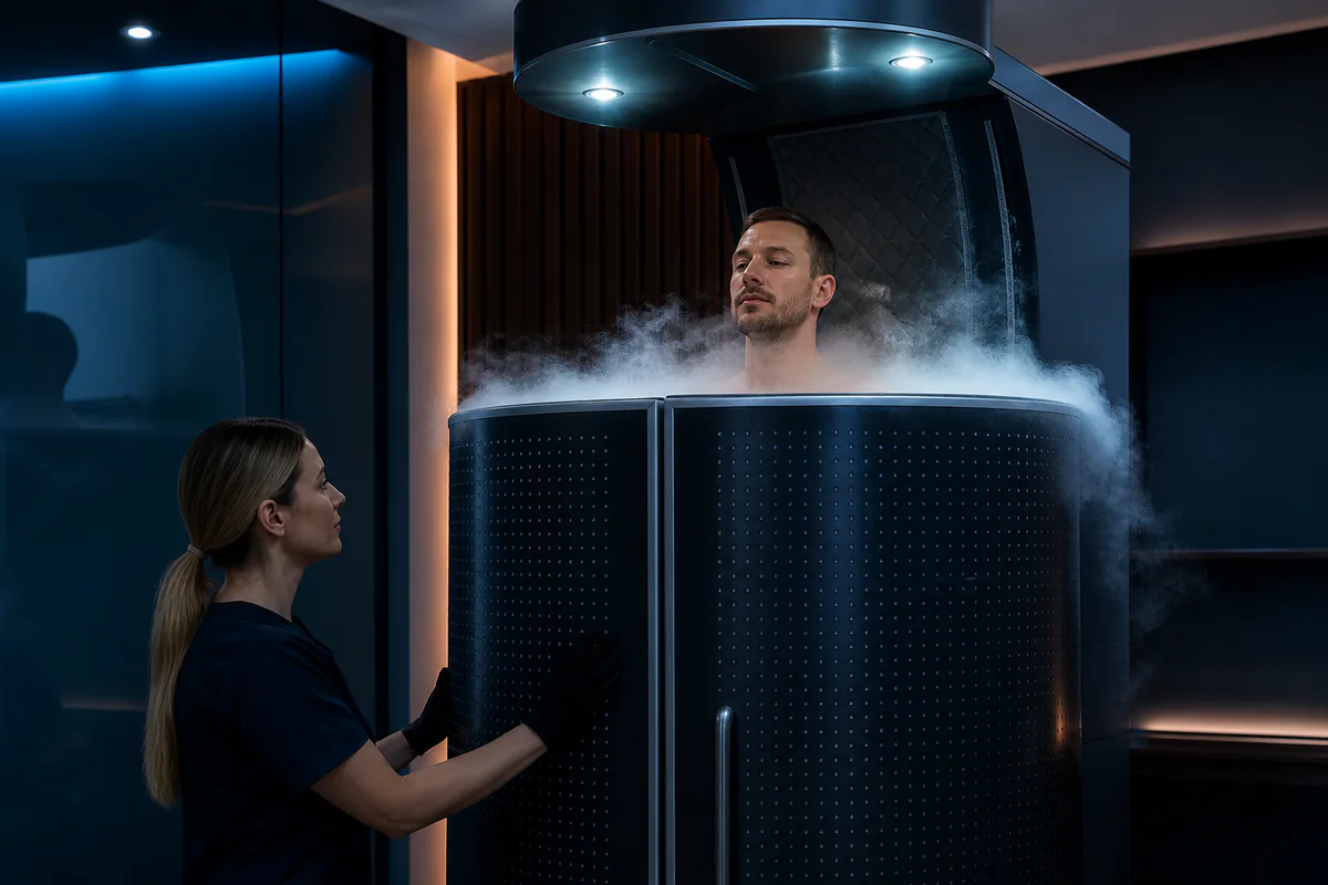 Supervised whole-body cryotherapy chamber with protective gloves socks and clinical monitoring