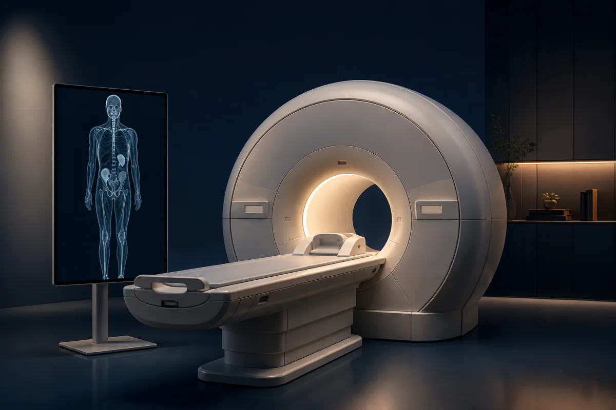 Whole-body MRI scanner with a radiologist reviewing multiple cross-sectional images