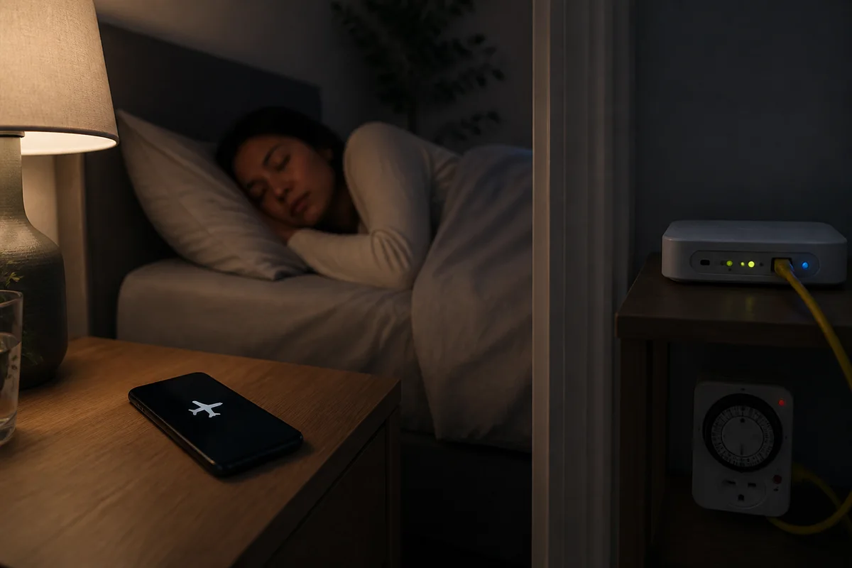 Editorial illustration explaining wi-fi off at night use, evidence and safety