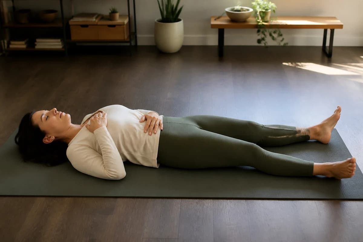 Adult lying safely on a yoga mat practicing breathwork indoors away from water