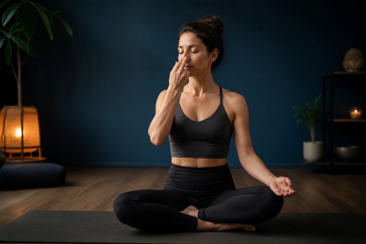 Adult practicing a supported yoga pose with calm nasal breathing in a quiet studio