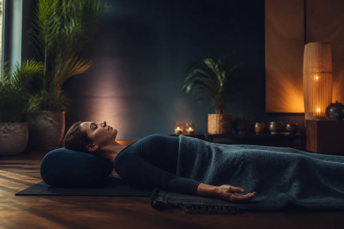 Adult lying comfortably during a guided Yoga Nidra deep relaxation session