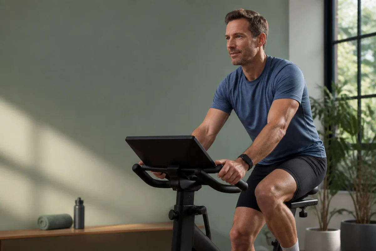 Adult cycling at a sustainable aerobic pace while monitoring effort