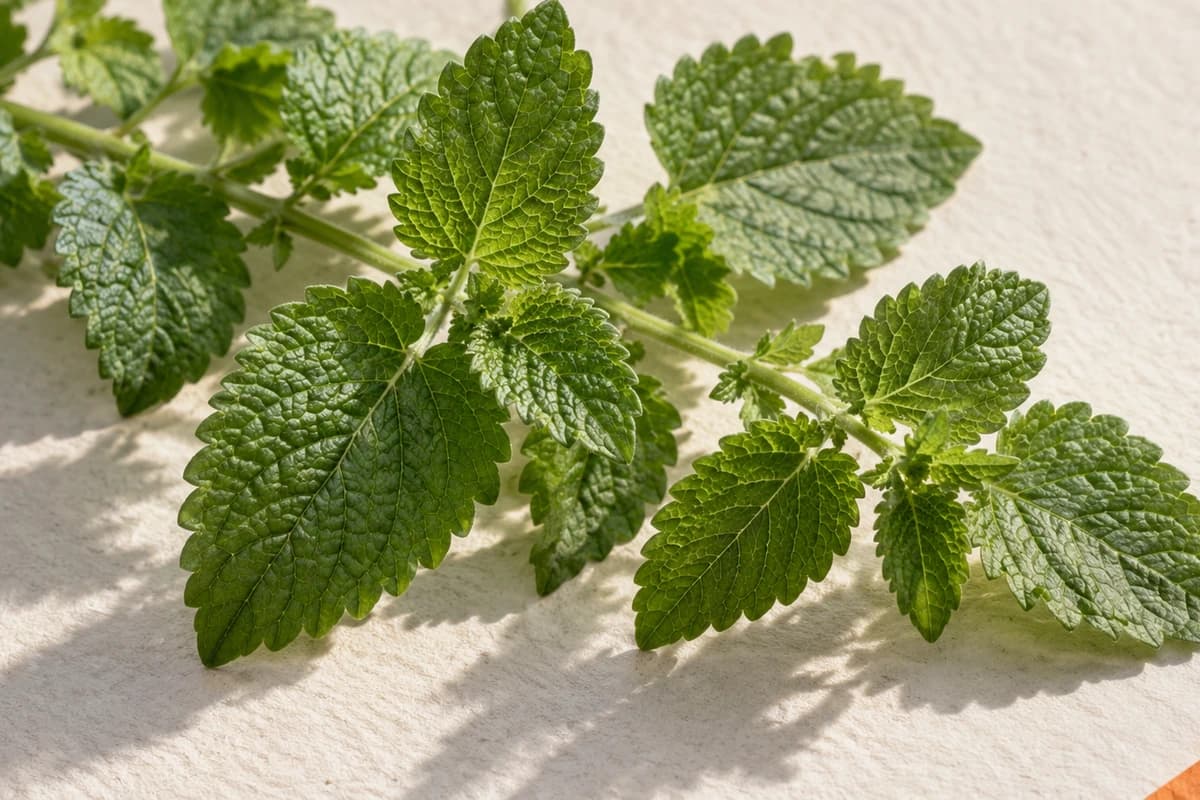 Original botanical illustration of lemon balm sprigs with broad, wrinkled leaves and scalloped edges.