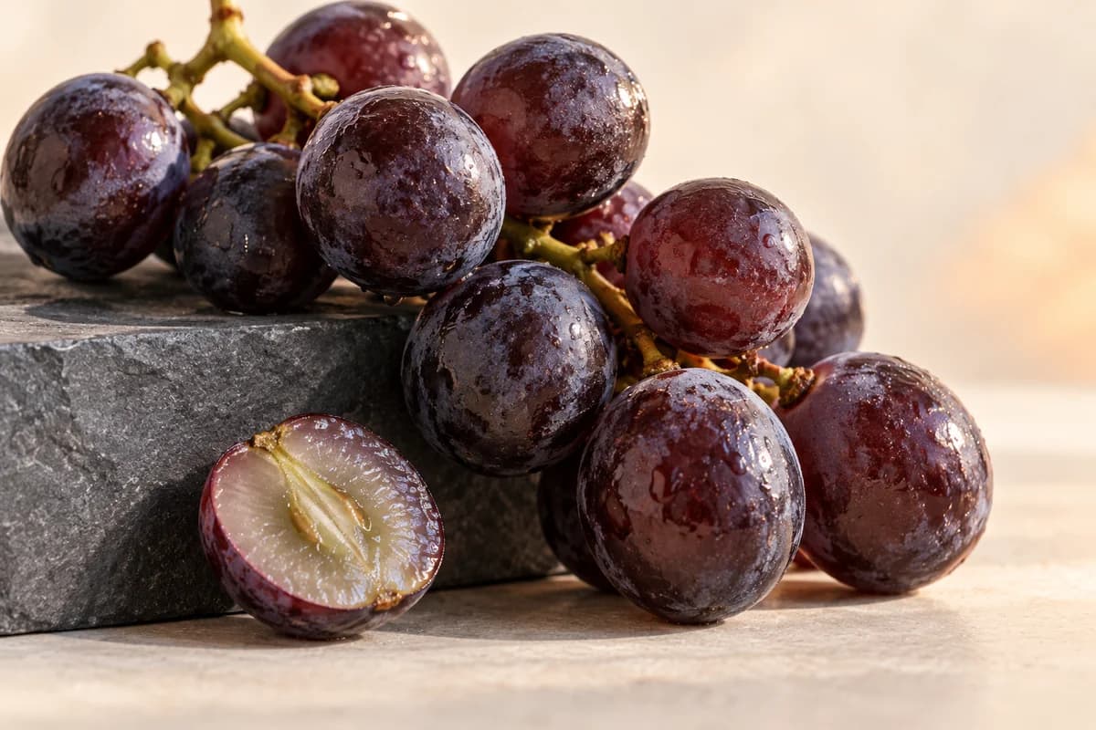 Illustrative close-up of purple grapes and one cut grape on a slate surface, a dietary resveratrol source; no measured supplement dose, absorption equivalence or longevity benefit is depicted.
