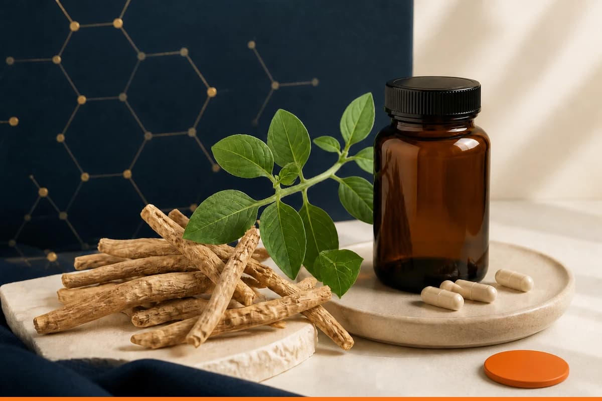 Ashwagandha roots and leafy sprig beside an unbranded amber supplement bottle, pale capsules and a small orange ceramic accent