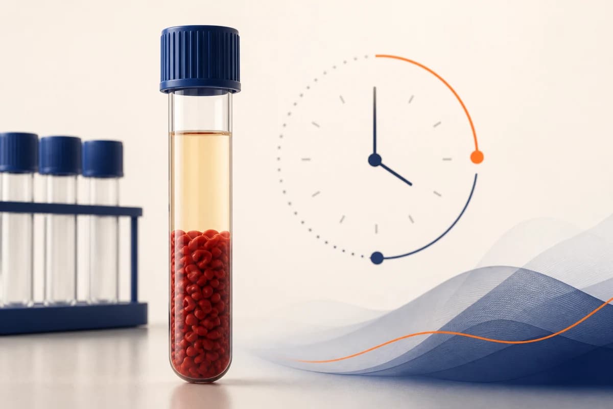 Abstract erythrocyte sedimentation tube with red blood cells settling in a cream, deep-slate and orange scientific composition